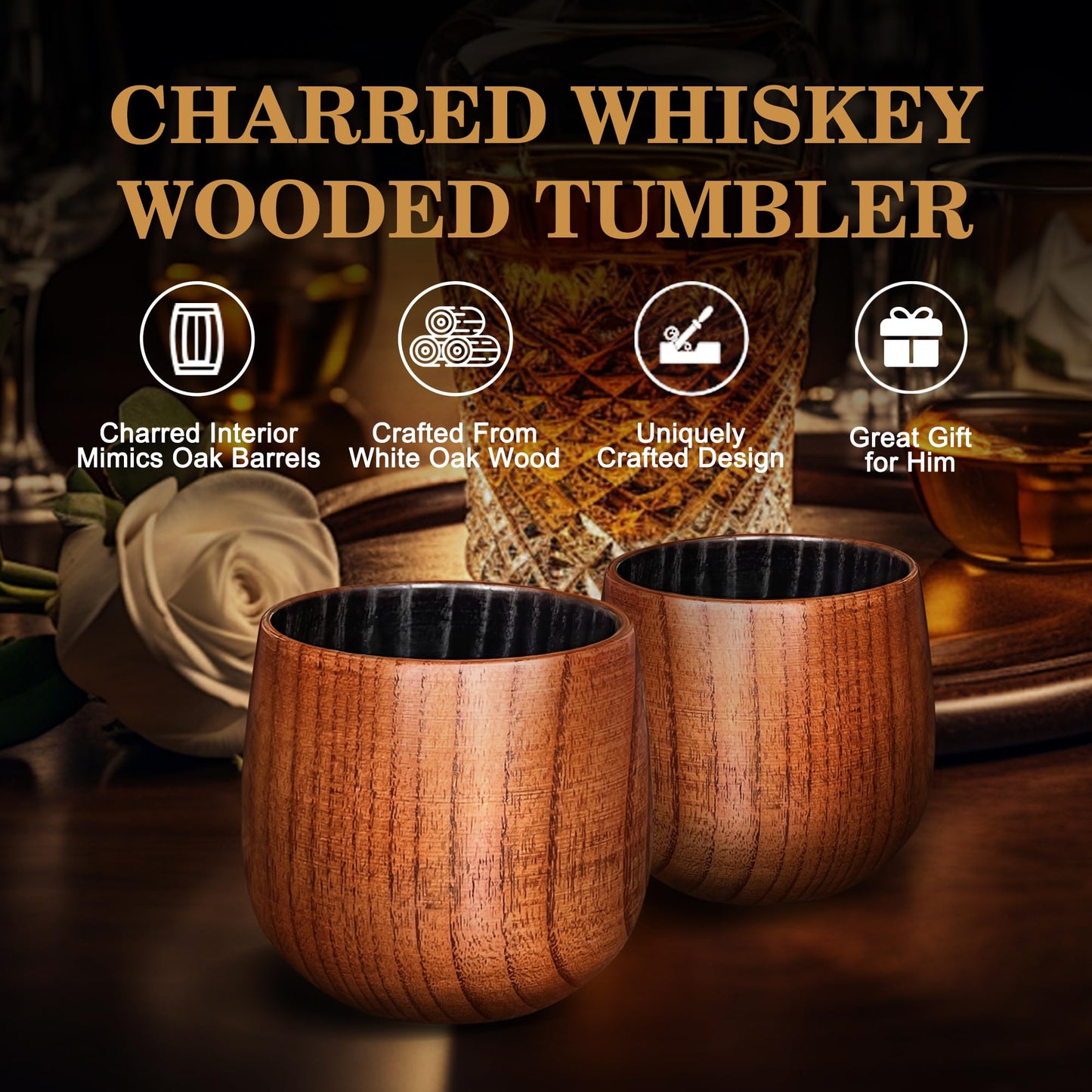 Charred Wooden Bourbon Drinking Glass, Bourbon Gifts for Men - 10 oz Charred Wooden Old Fashioned Glass Whiskey Tumbler | Birthday Whiskey Gifts for Men, Dad or Brother | Original Bourbon Tumbler