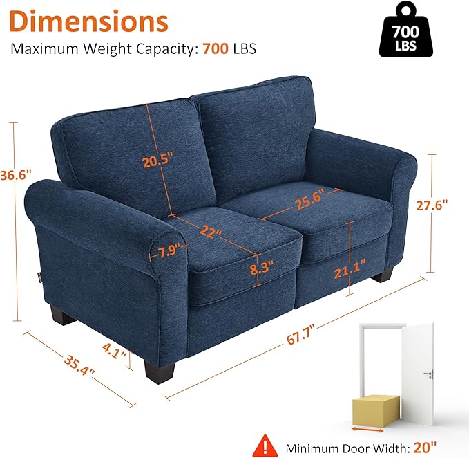 MCombo 67.7" Loveseat Sofa, 2-Seater Small Couch for Small Spaces, Classic Rolled Arm Upholstered Sofa with Solid Wood Legs for Living Room, Removable Cover, Chenille Fabric VE730 (Navy Blue)