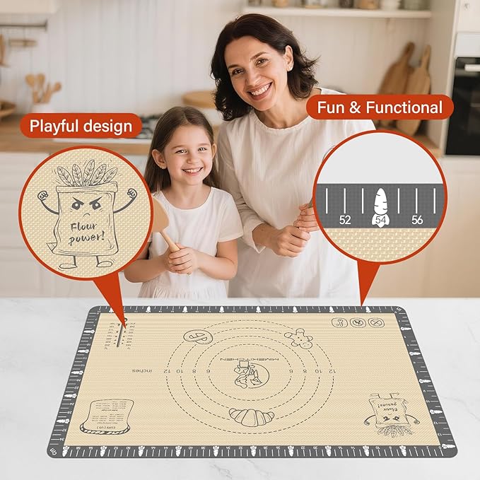 Silicone Baking Mat with Cookie Recipes, Extra Thick Silicone Mat for Baking Macaron, Bread, Pizza, Non Stick Pastry Mat for Dough Rolling Out, Heat Resistant to 480°F Gift for Baker