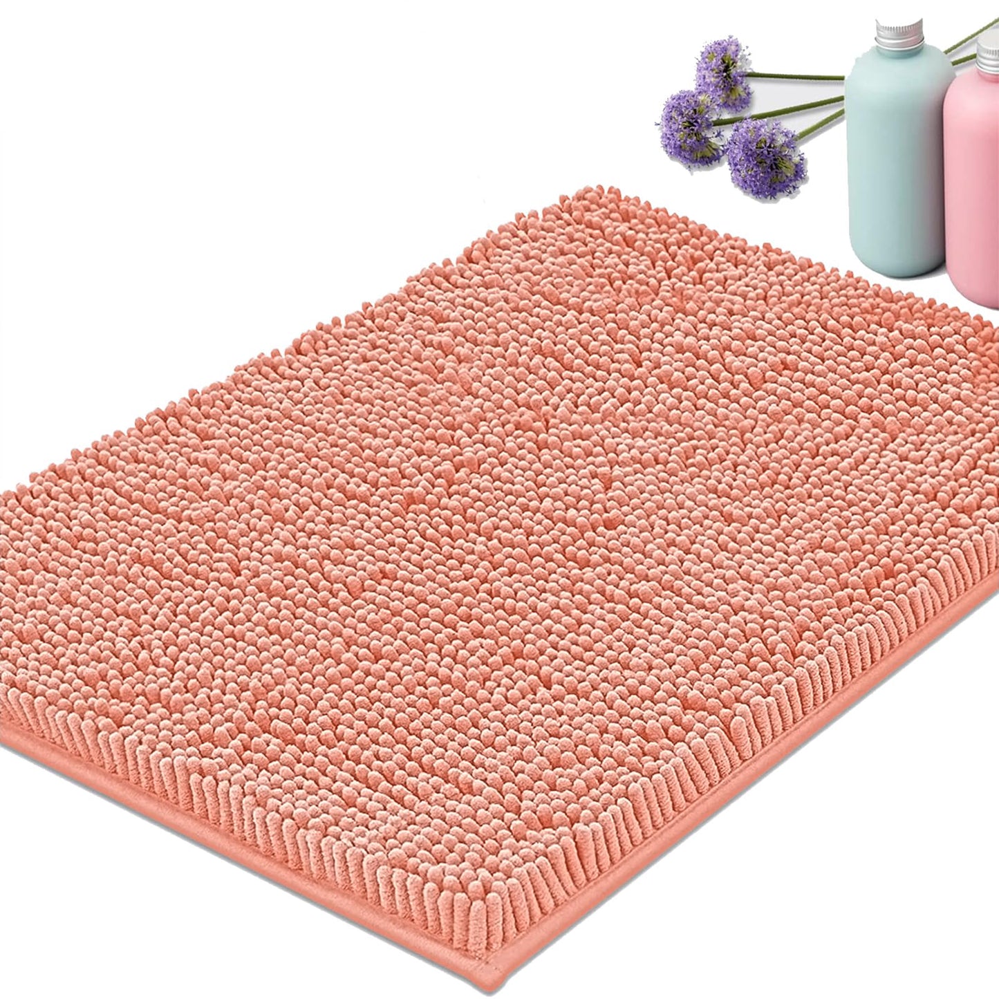 OWIYA Bathroom Rugs Mat 24x17 Non Slip Chenille Bath Mats Bath Rugs for Bathroom Shower Light Orange