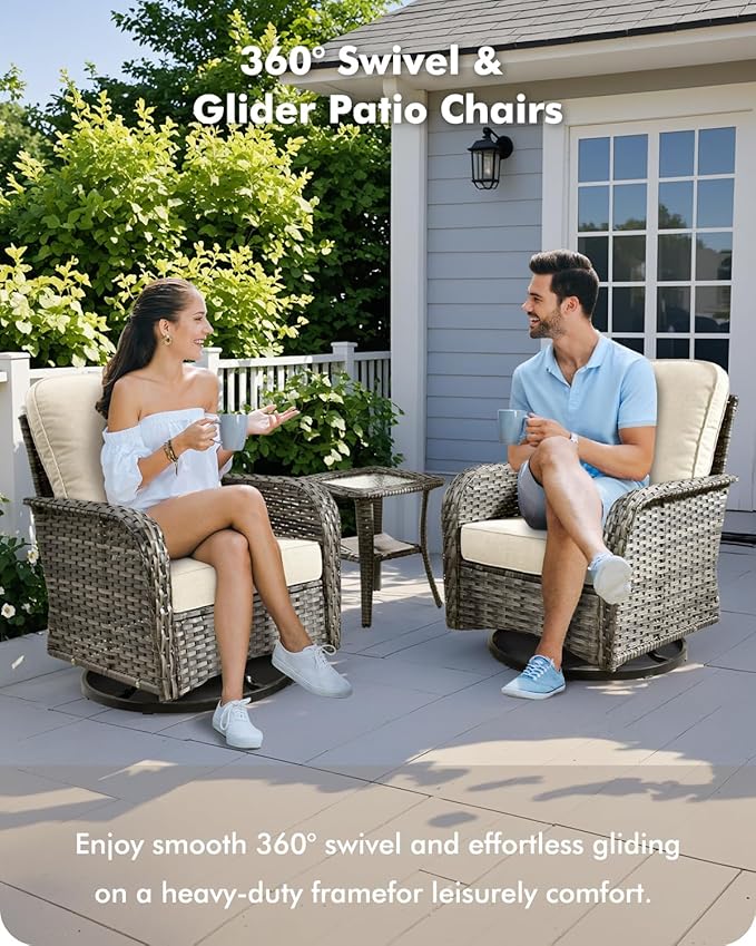 CAODOC 3-Piece Swivel Rocking Rattan Chair Outdoor, Patio Bistro Furniture Conversation Set, Wicker Chair with Coffee Table Beige