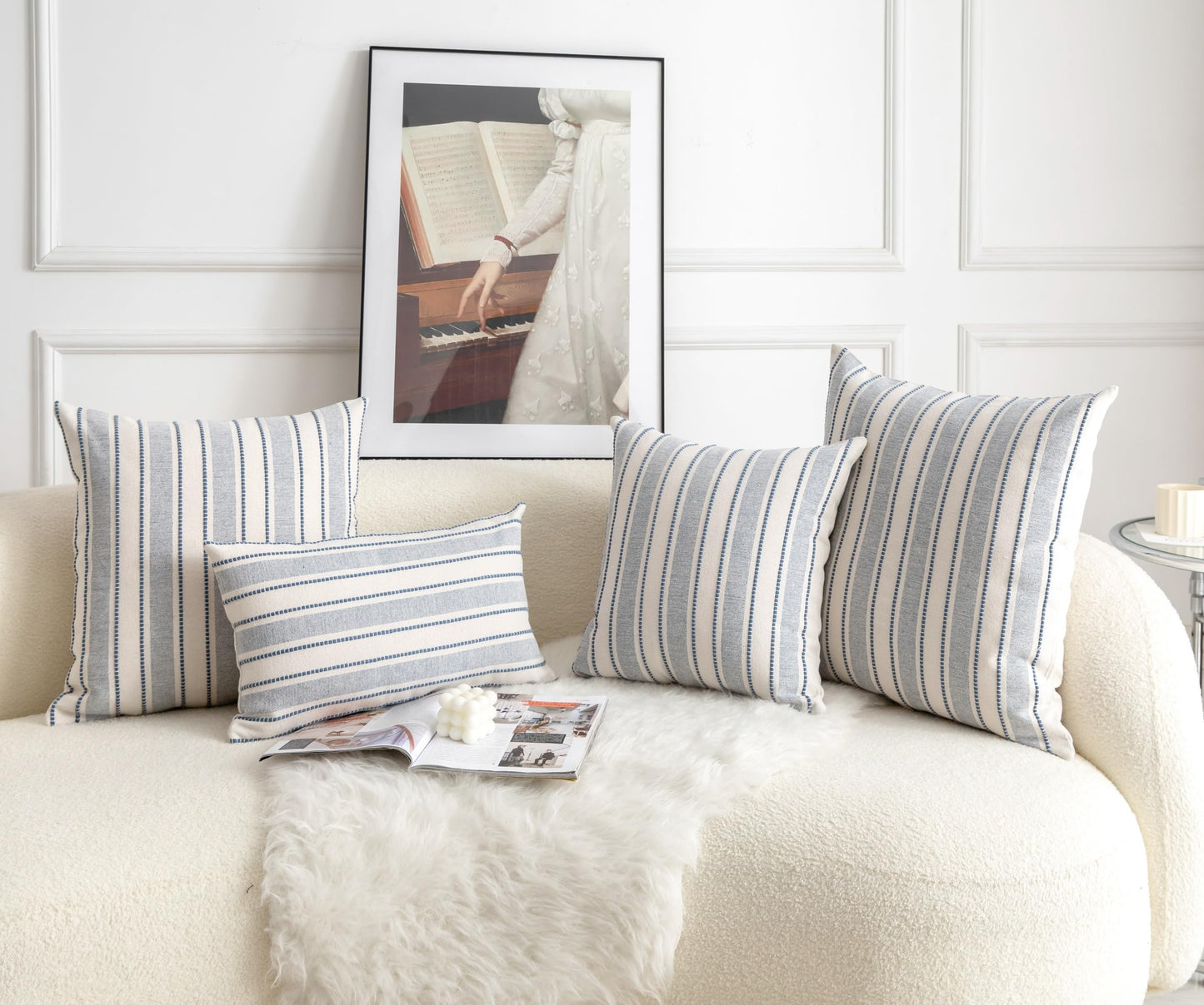Cethom Decorative Boho Throw Pillow Covers, Farmhouse Textured Pillow Case, 20 x 20 Inch Set of 2, Chair Sofa Bedroom Living Room Home Decor Couch Cushion Case, Classic Blue and Beige Striped