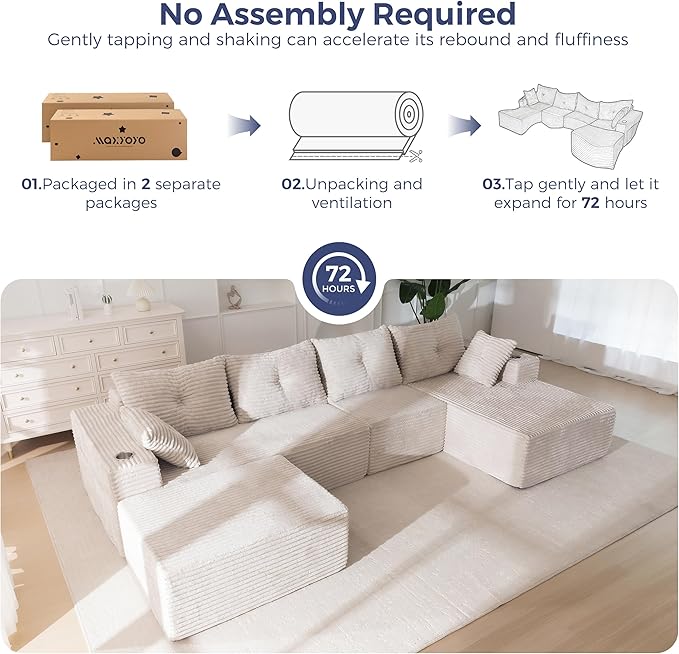 MAXYOYO 132" Giant U-Shaped Modular Sectional Couch, Modern Boneless Couch for Living Room, Sofa in A Box, Oversized Sofa Sleeper with Deep Seat, No Assembly Required, Grayish Beige