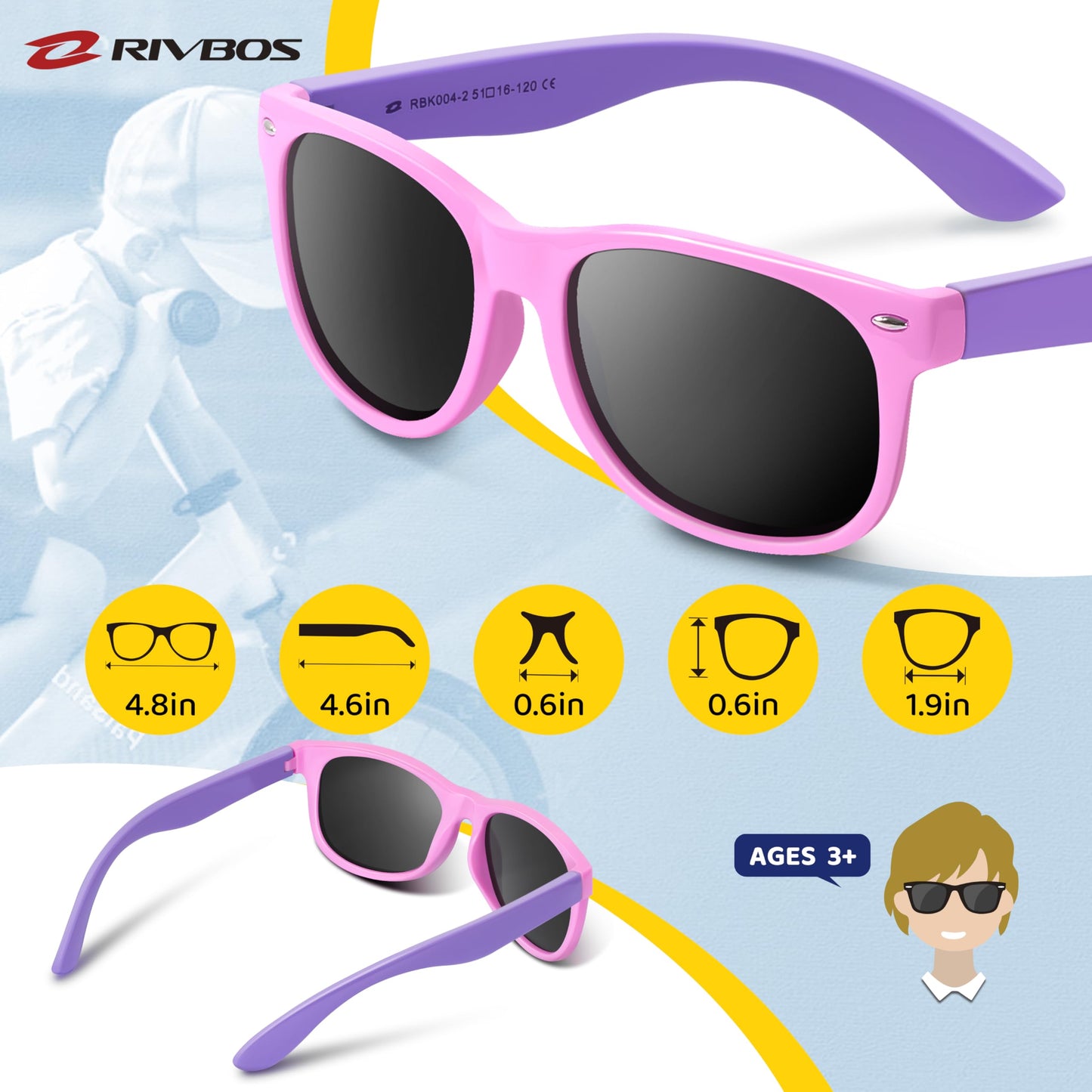 RIVBOS Kids Sunglasses for Girls Boys with Strap Polarized UV Protection Flexible Rubber Shades RBK004-2 Pink