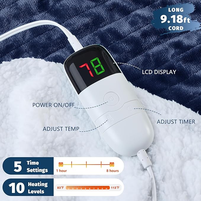 BOMOVA Heated Electric Blanket Full Size - 72" x 84" Heating Blanket with 10 Heating Levels & 8 Hours Auto Off, Warm Flannel Blanket, Christmas Birthday Gifts for Women