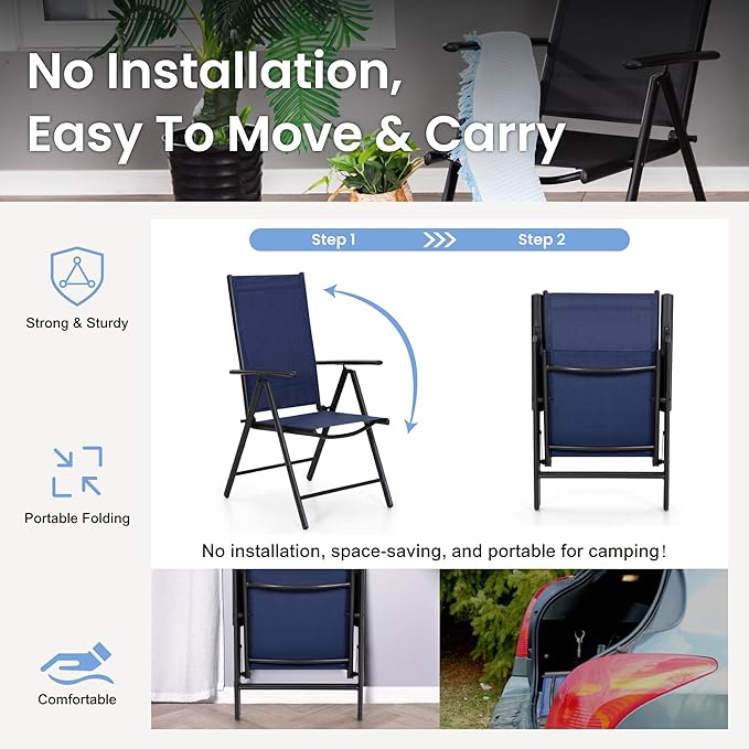 PHI VILLA Outdoor Patio Folding Chairs Set of 2, Portable Patio Dining Chairs with Adjustable Backrest for Outside, Garden, Lawn & Yard, No Assembly, Blue