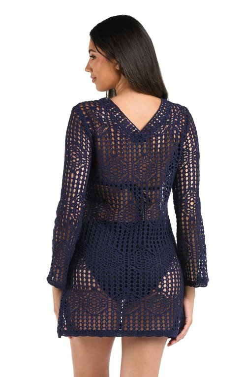 La Blanca Women's Long Sleeve Mini Dress Swimsuit Cover Up, Indigo//Waverly Covers, Large