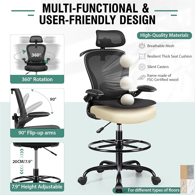 Drafting Chair, Tall Office Chair with 3D Lumbar & Head Support, Ergonomic Mesh Standing Desk Chair with Footring, Comfy Extended High Desk Chair with Flip-Up Arms & Hanger,Black