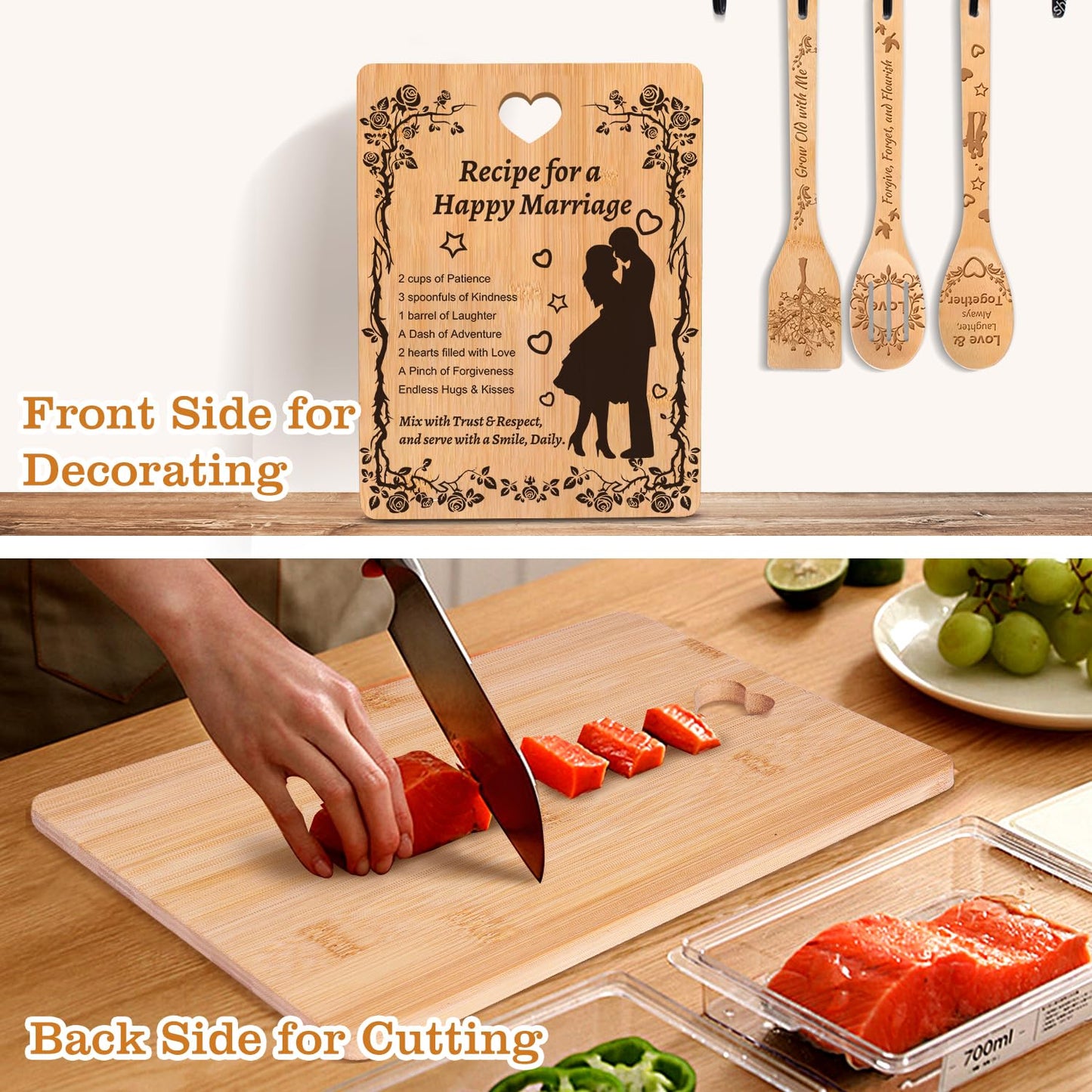 Bridal Shower & Engagement Gift for Couples 2025: Bamboo Cutting Board Set with Engraved Kitchen Utensils, Personalized Wedding Gifts for Bride and Groom - Newlyweds Housewarming Recipe Design