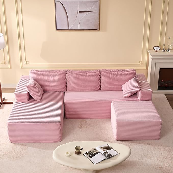 Afuson 107" Boneless Couch with Deep Seat, Modular Sectional Sofa, Cloud Sectional Couch for Living Room, No Assembly Required, Corduroy, U-Shape 3 Seater Left, Pink