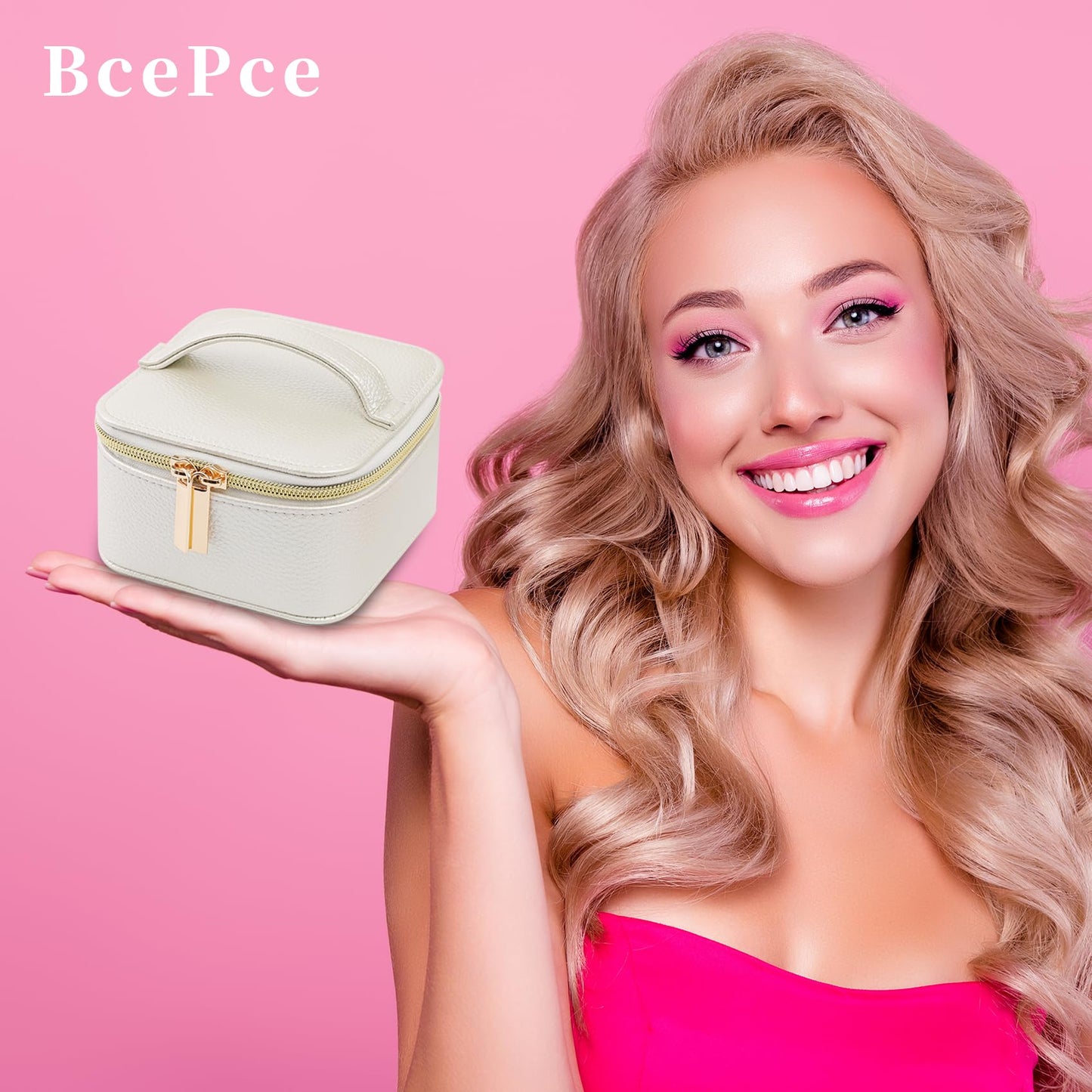 BcePce PU Leather Travel Jewelry Organizer Case with 4 Pouches & Handle, Anti-Tangle Storage Box for Necklace, Earrings, Rings, Compact Jewelry Box for Women Gift (Beige)