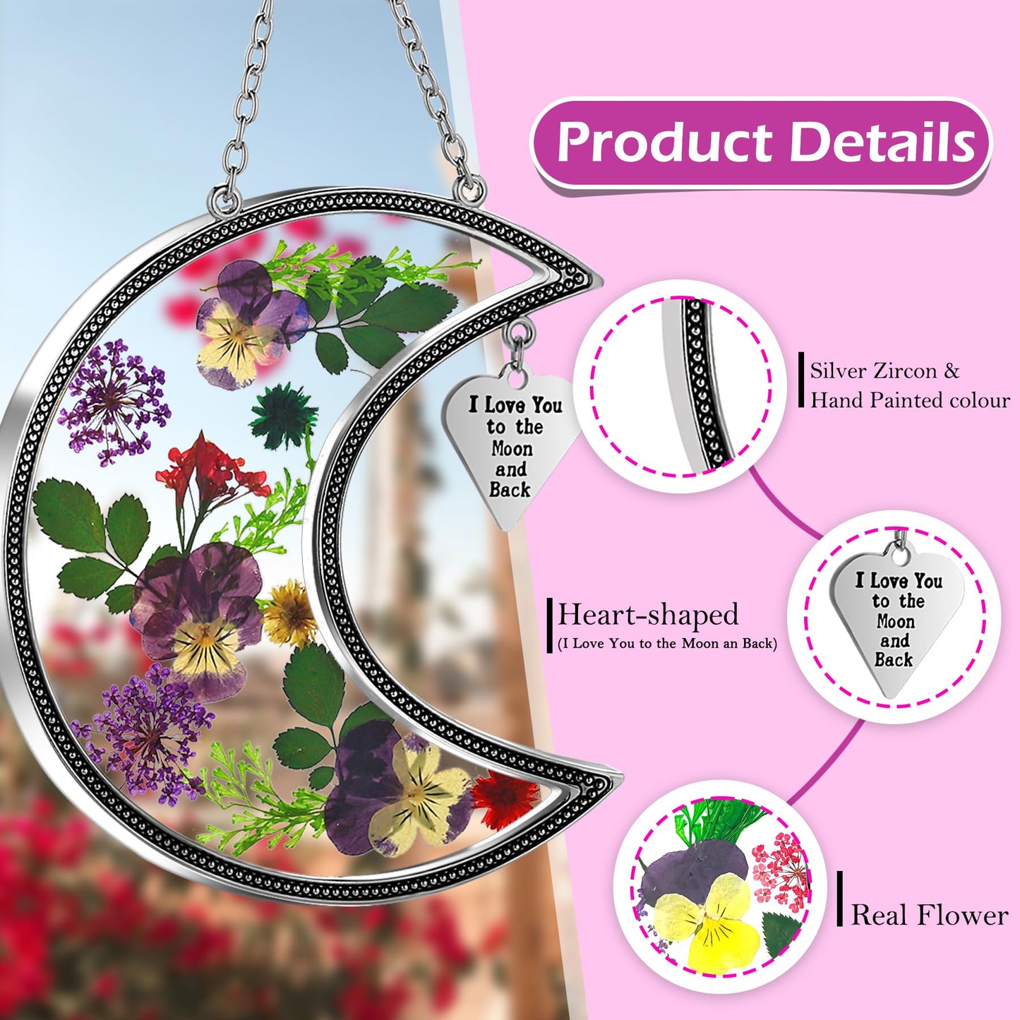 KY&BOSAM Moon Suncatcher I Love You to The Moon and Back Stained Glass for Window Hangings Wind Chime Decor with Pressed Real Flower and Metal Charm Birthday Gift for Women Mom Mother`s Day Christmas
