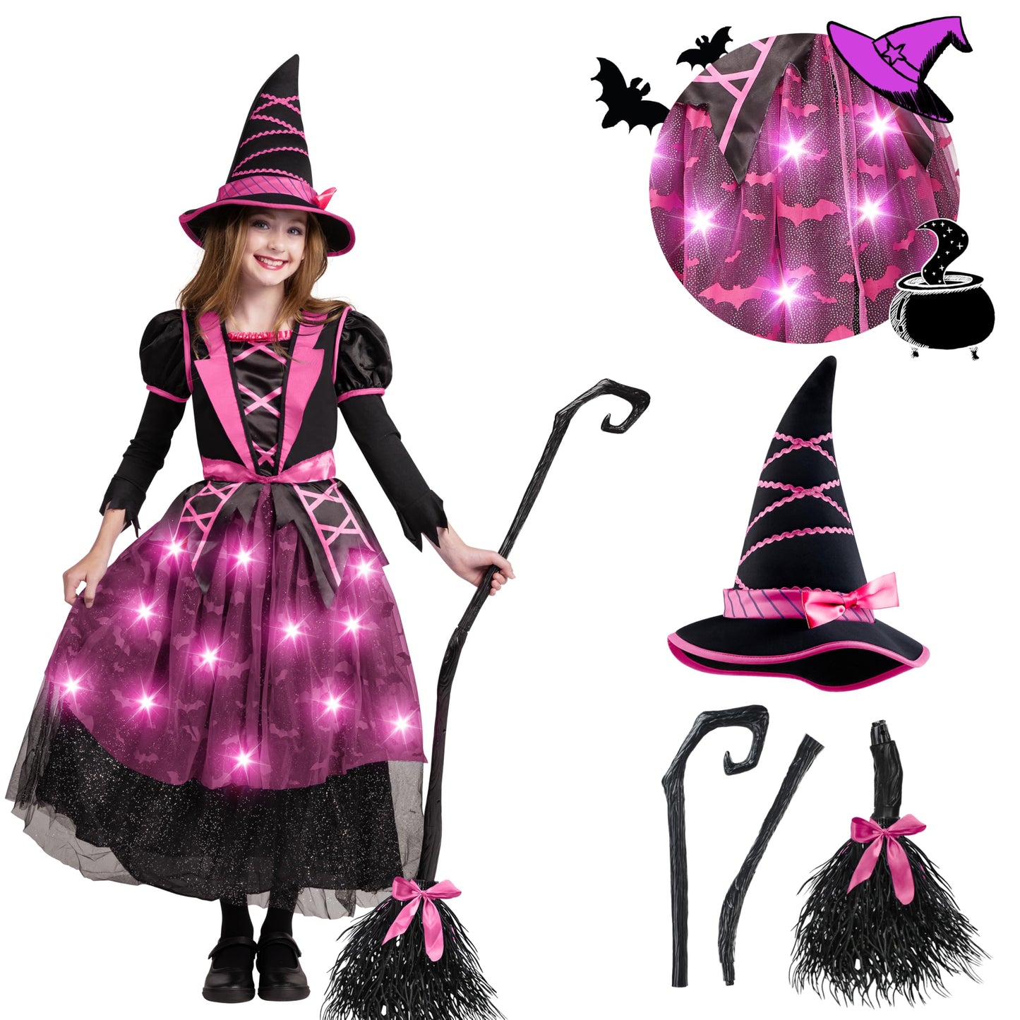 Spooktacular Creations Halloween Witch Costume Kids, Light Up Witch Dress with Hat and Broom for Girls, Toddlers Bat Outfit Set for Halloween Costumes Role Play Parties, Pink (3T(3-4 yrs))