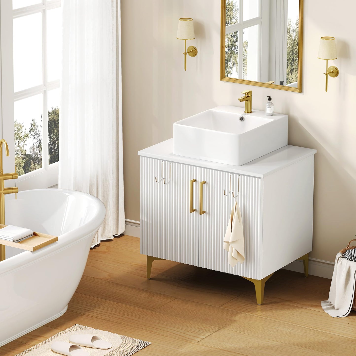 YITAHOME 30 Inch Bathroom Vanity with Ceramic Vessel Sink, Modern Vanity Cabinet with Gold Handles, Pre-drilled Faucet Hole, Soft Close Doors for Bathroom