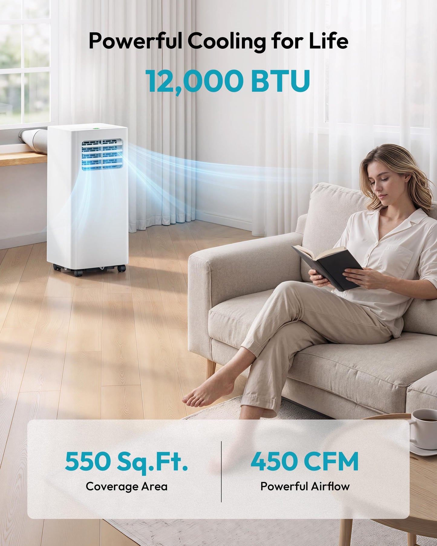 EUHOMY Portable Air Conditioners 12,000 BTU, 4-in-1 Portable Air Conditioner for Rooms Up to 550 Sq.Ft. with Cool, Fan, Dehumidifier, Sleep, Portable AC Unit with Remote & 24H Timer, Installation Kits