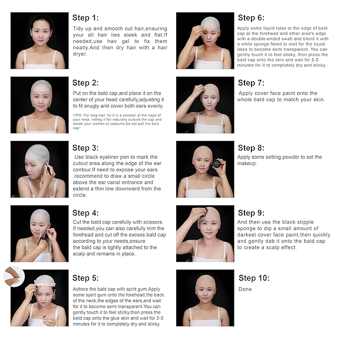 MEICOLY Bald Cap Kit for Women and Men,All-in-One Bald Cap Costume Set for Halloween SFX Makeup,Cosplay,Performance Stage,Theatre,Film,Spirit Gum and Remover Kit,Setting Powder,Liquid Latex,10PCS