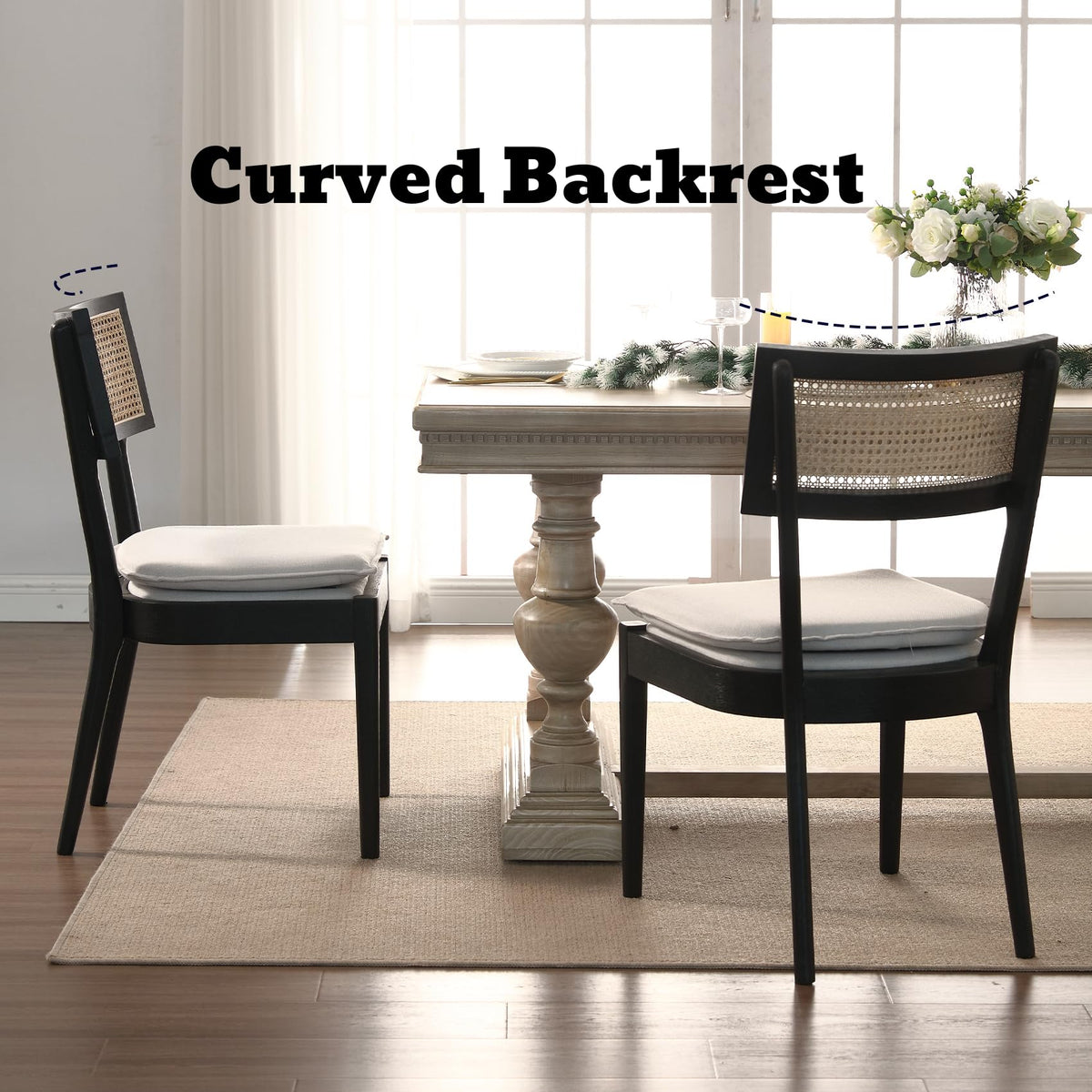 ZH4YOU Black Rattan Dining Chair Set of 1, Linen Upholstered Kitchen Accent Chair with Cane Back French Country Side Chair with Brushed Wood Frame for Dining Room Living Room Bedroom