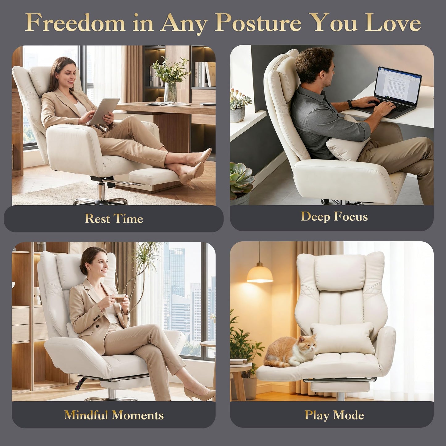 forveolux High Back Executive Office Chair with Footrest, Reclining PU Leather, Lumbar Support, Criss Cross Style, 155° Recline (Beige)