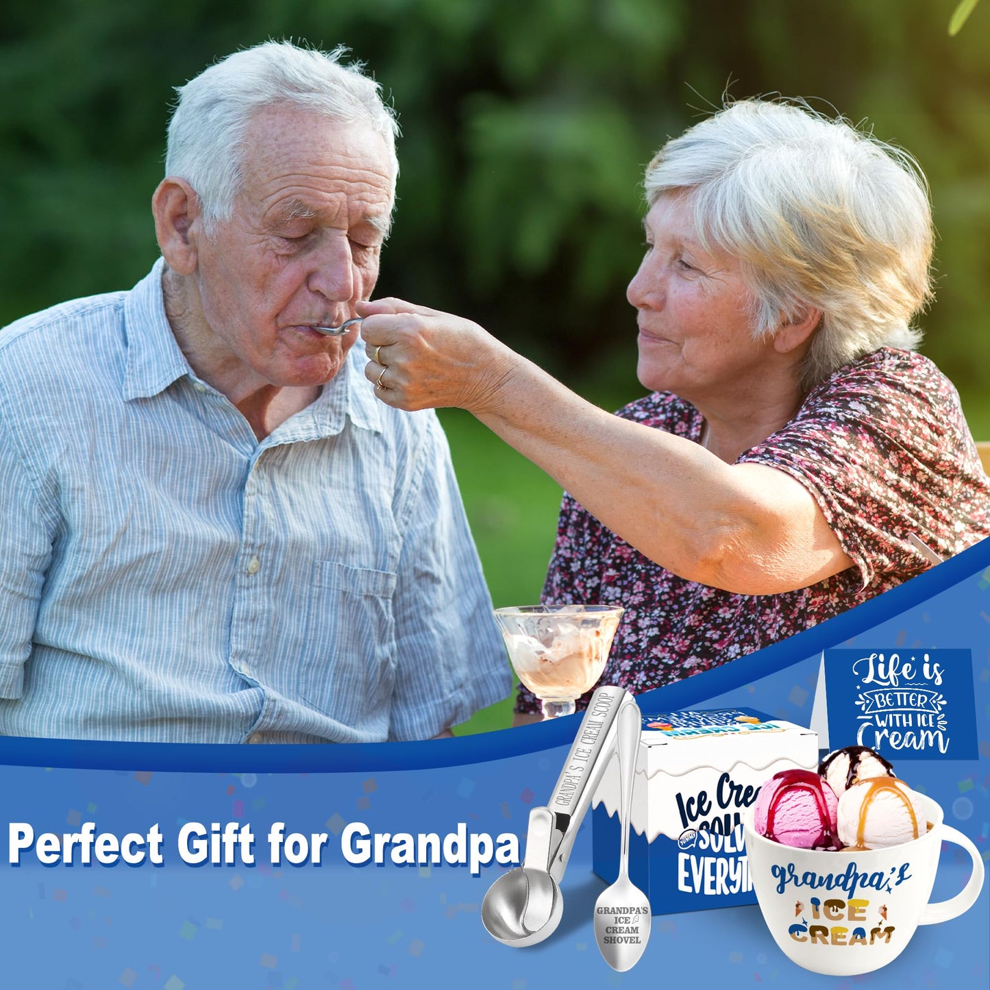 Dolficy Grandpa Gifts, Grandpa Birthday Gift from Grandkids, Grandpa's Ice Cream Bowl Scoop Shovel Spoon Set, Grandpa’s Ice Cream Gift, Christmas Birthday Grandparents Day Present for Him Man