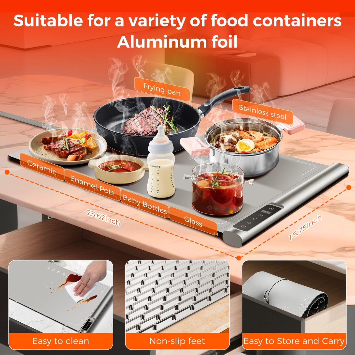 Food Warming Mat | Max Temp 248℉,Electric Warming Tray with Timer and 8-Level Adjustable,Fast Full-Surface Heating Mat for Food with Child Lock,Roll-Up & Portable Silicone Food Warmer for Buffet Party