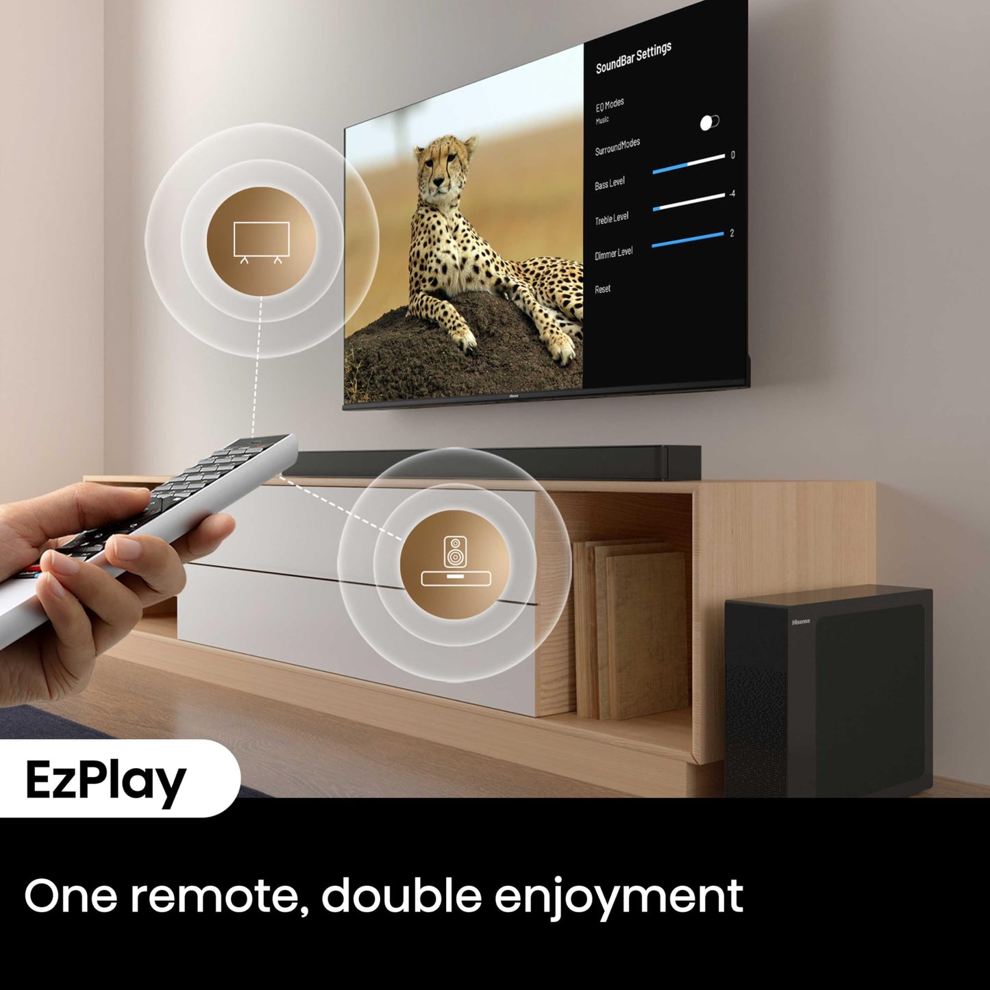 Hisense HS2100 2.1 Ch 240W Sound Bar with Wireless Subwoofer - DTS Virtual X, Dolby Audio, Ezplay, 6 EQ Modes, HDMI ARC, Bluetooth 5.3