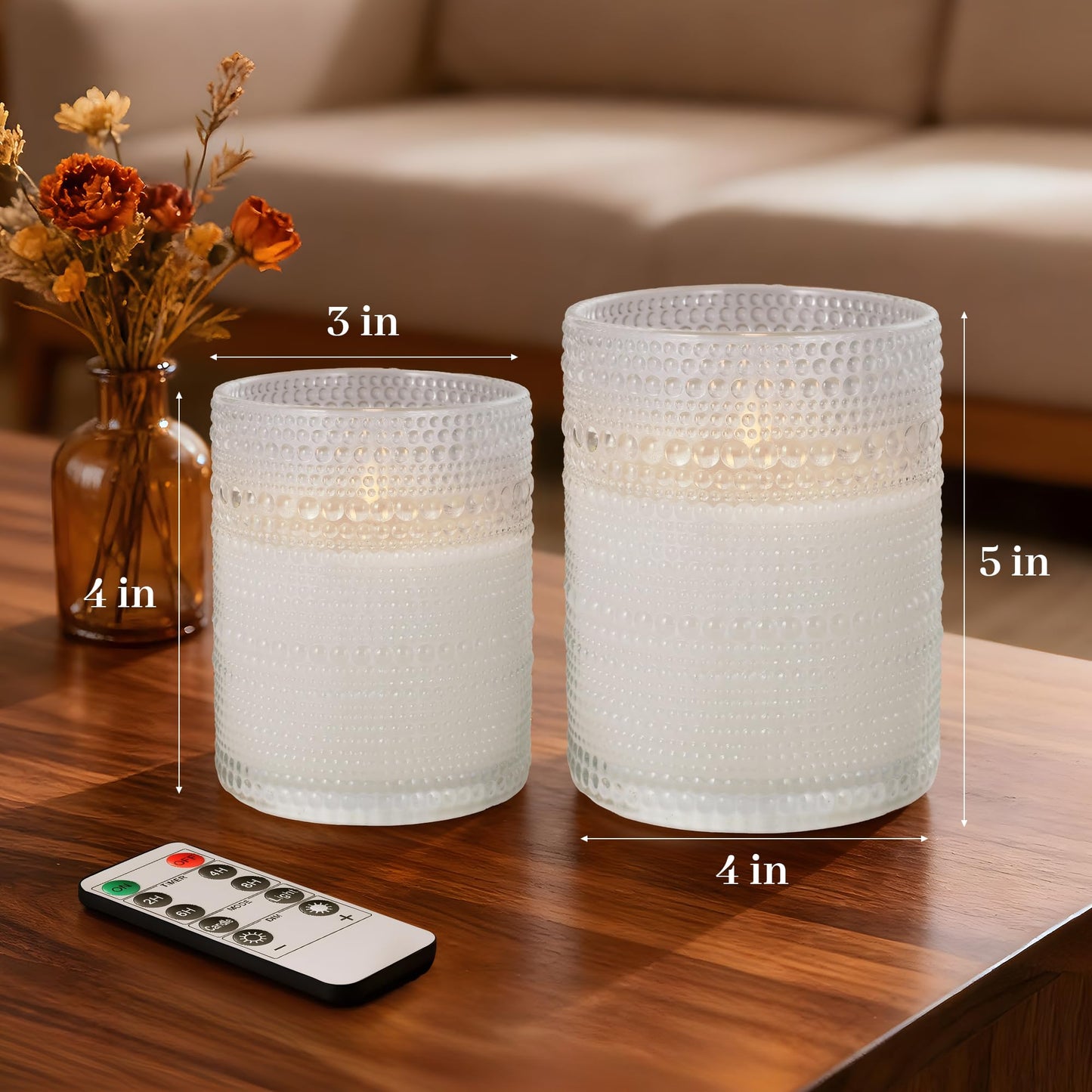 Velsyn Dotted Glass Flameless Candles with Remote Timer, Real Wax Battery Operated LED Pillar Candles with 3D Flickering Flame for Festival Wedding Home Party Decor, 3" x 4", 4" x 5", Set of 2 (White)