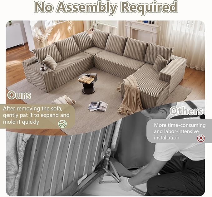 Cloud Sectional Couch with L-Shape Chaise, Modern Modular Comfy Sofa with Deep Seat, Upholstered Corduroy Couches Stupendous U Shaped Sofas for Living Room Bedroom, No Assembly Required, Camel