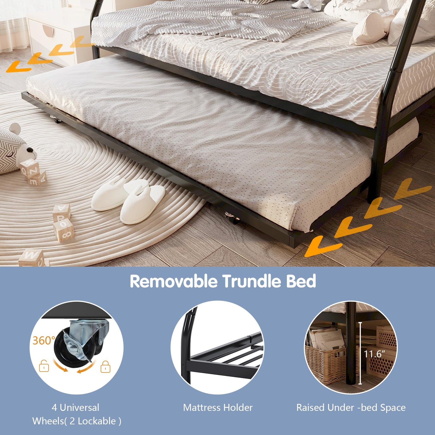 SUNLEI Twin Over Full Bunk Beds with Trundle, Heavy Duty Metal Triple Bunk Bed Frame, 3 Beds Space Saving Bunk Bed with Guardrails & Ladder, No Box Spring Needed, for Kids Teens Adults Bedroom, Black