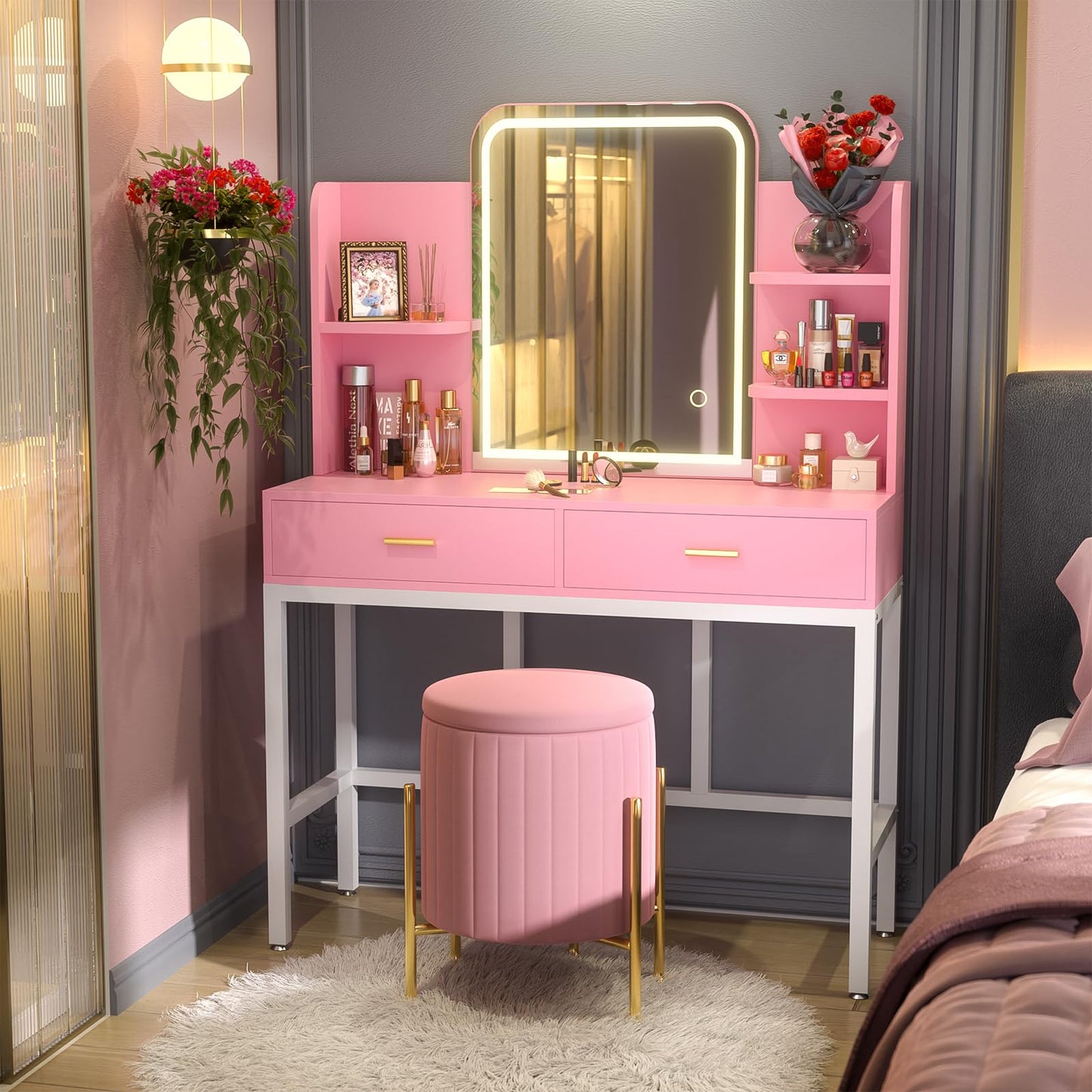 Vanity Desk, Makeup Vanity Desk with Mirrors, Vanity Set with 2 Storage Drawers and Open Shelves, 3 Colors LED Brightness Adjustable Dressing Table, Makeup Desk for Girl and Women, Pink