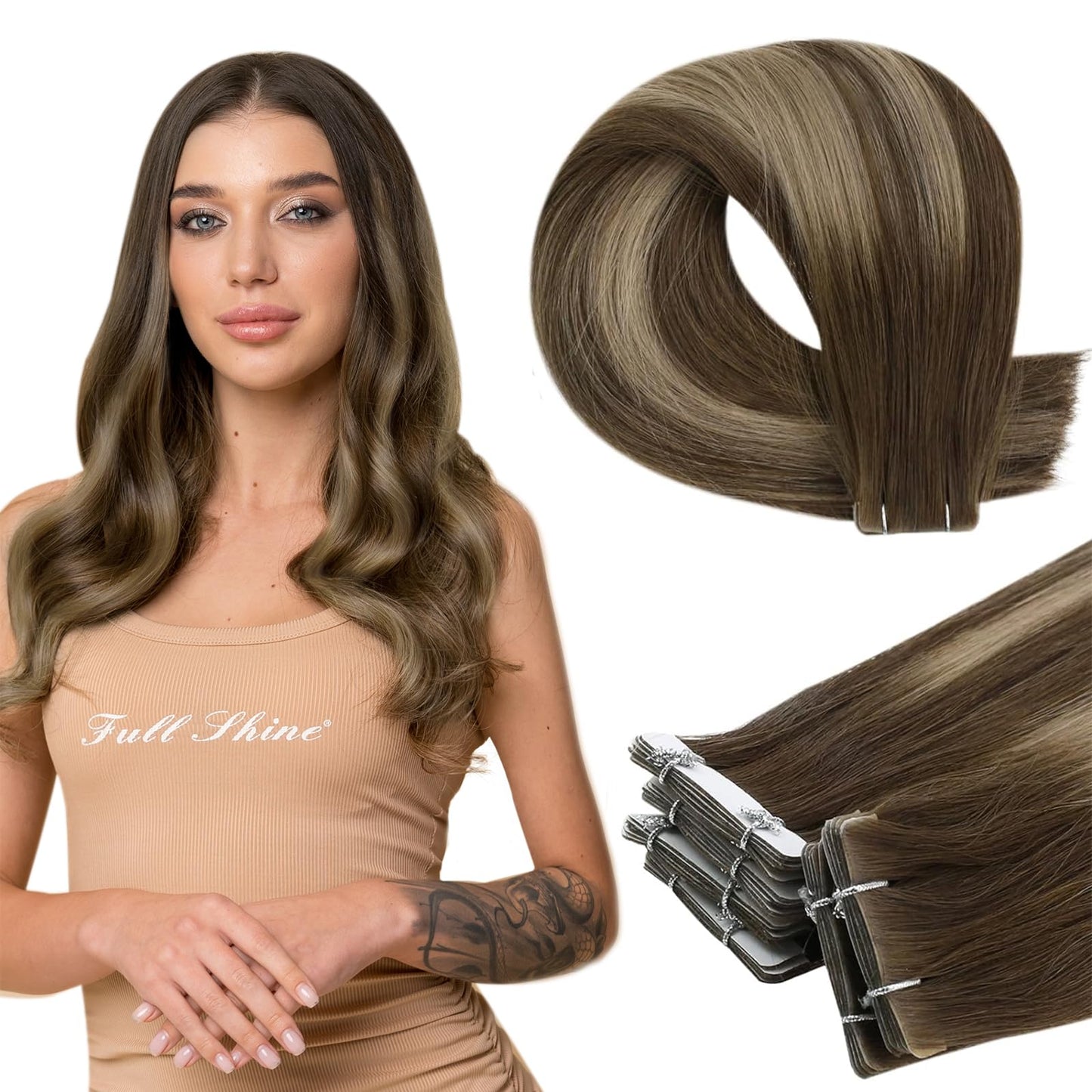 Full Shine Balayage Injection Tape in Virgin Hair Extensions 4 Medium Brown Fading to 27 Honey Blonde and 4 Invisible Seamless I