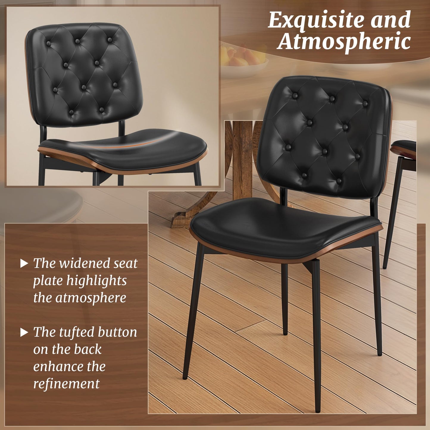 Cozyman Dining Chairs Set of 4, Mid-Century Modern PU Leather Dining Chair with Walnut Bentwood Back and Metal Legs, Upholstered Seat for Kitchen and Dining Room, Black