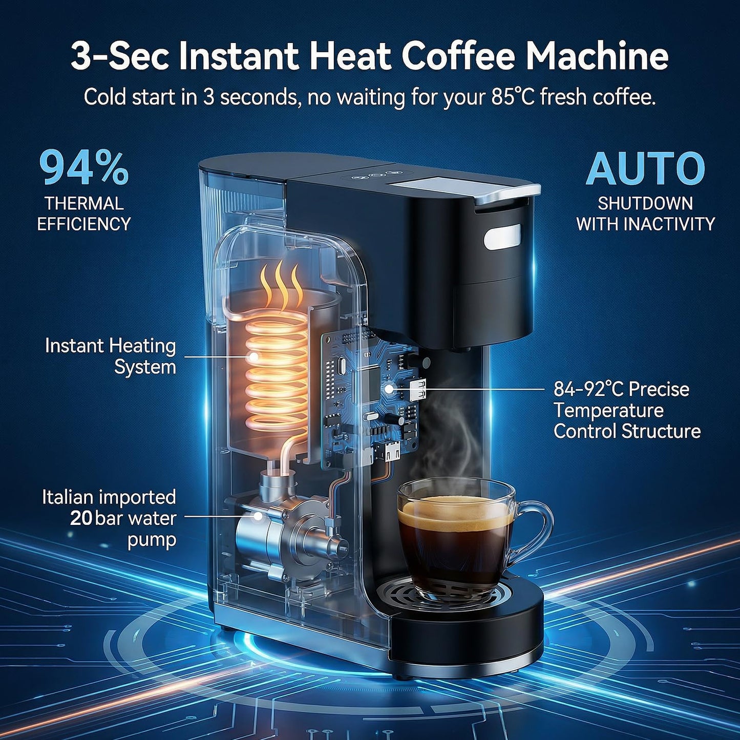 All-in-1 Single Serve Coffee Machine, Hot and Iced Coffee Maker for Ground Coffee, K-Cup Pod, NES Original and DG Pod, 20 Bar Espresso Coffee Maker, Customizable Brew Volume, Heats up in 3 seconds