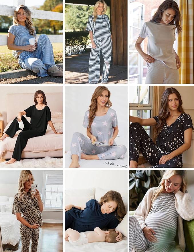 Ekouaer 2 Pack Womens Pajama Sets Short Sleeve Tops and Long Pants Casual Comfy Pjs Lounge Set with Pockets,S-XXL