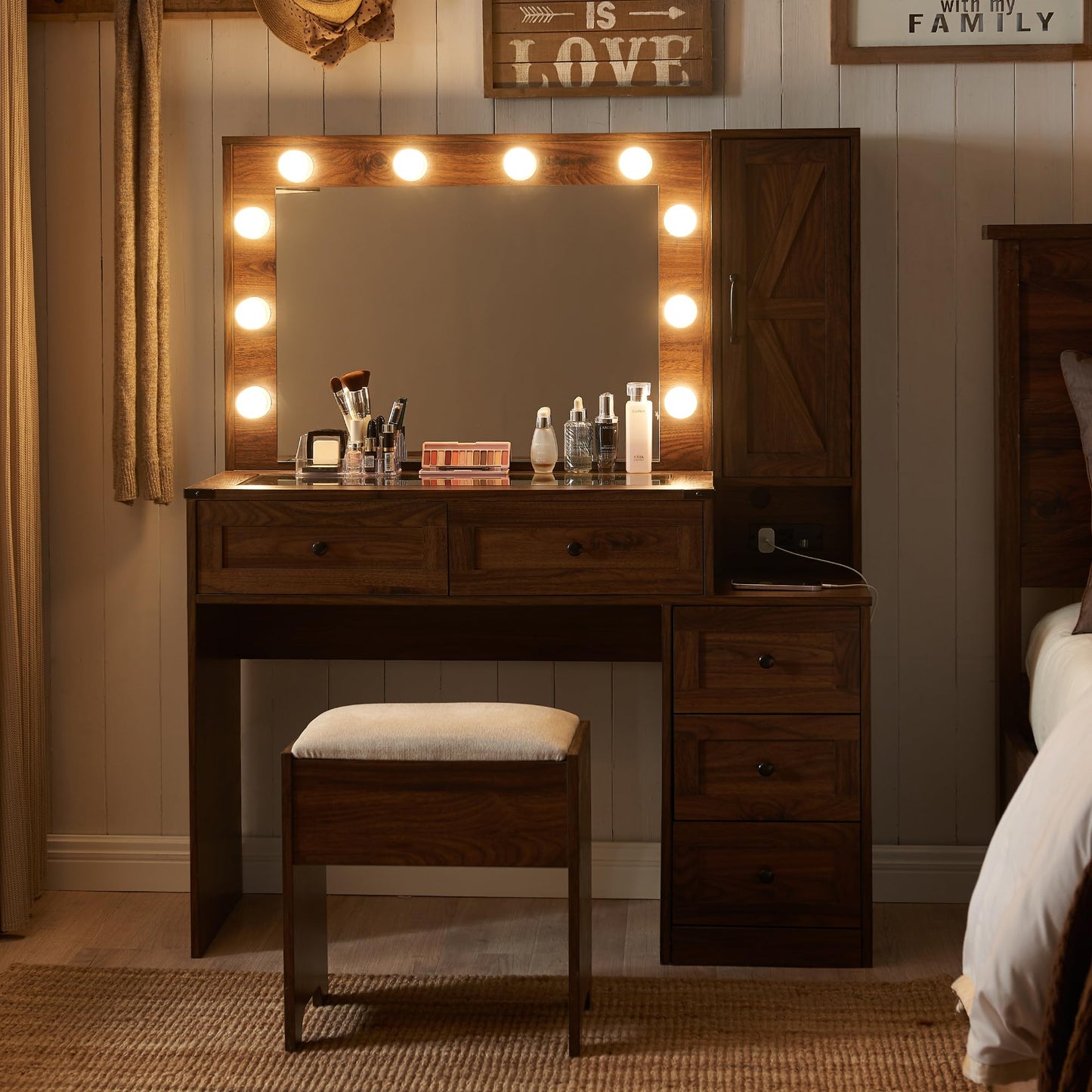 JXQTLINGMU Farmhouse Vanity Makeup Desk with Charging Station, 43" W Vanity Desk with Lights Mirror and Drawers for Makeup, Big Modern Makeup Table Set with Stool for Bedroom, Brown