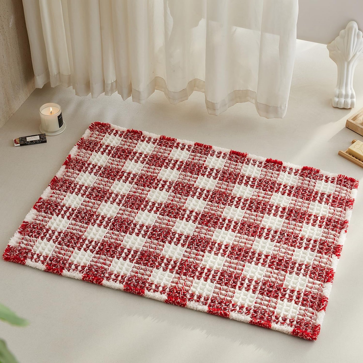 Waffle Bath Mat, Boho Christmas Bathroom Rugs Non Slip Washable Absorbent Checkered Bathroom Mat Quick Dry Cute Bath Mat, 36"x24" Red and White