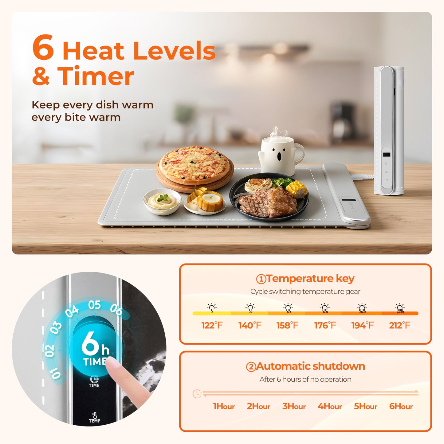 Graphene Warming Mat for Food, Electric Warming Tray with 6 Temp & 6H Timer, 300W Full Surface Heating, Waterproof Foldable Mat for Countertop, Parties, Buffets, Home Use (Light Gray)