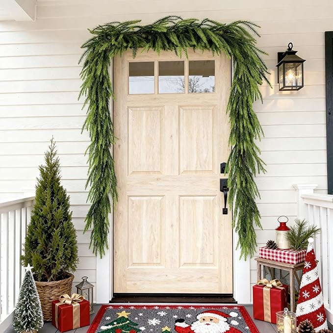 1 Pcs 9 Ft Artificial Norfolk Pine Garland, Realistic Real Touch Winter Christmas Greenery Garland for Mantle, Fireplace, Table, Wall, Outdoor, Indoor Christmas Decorations