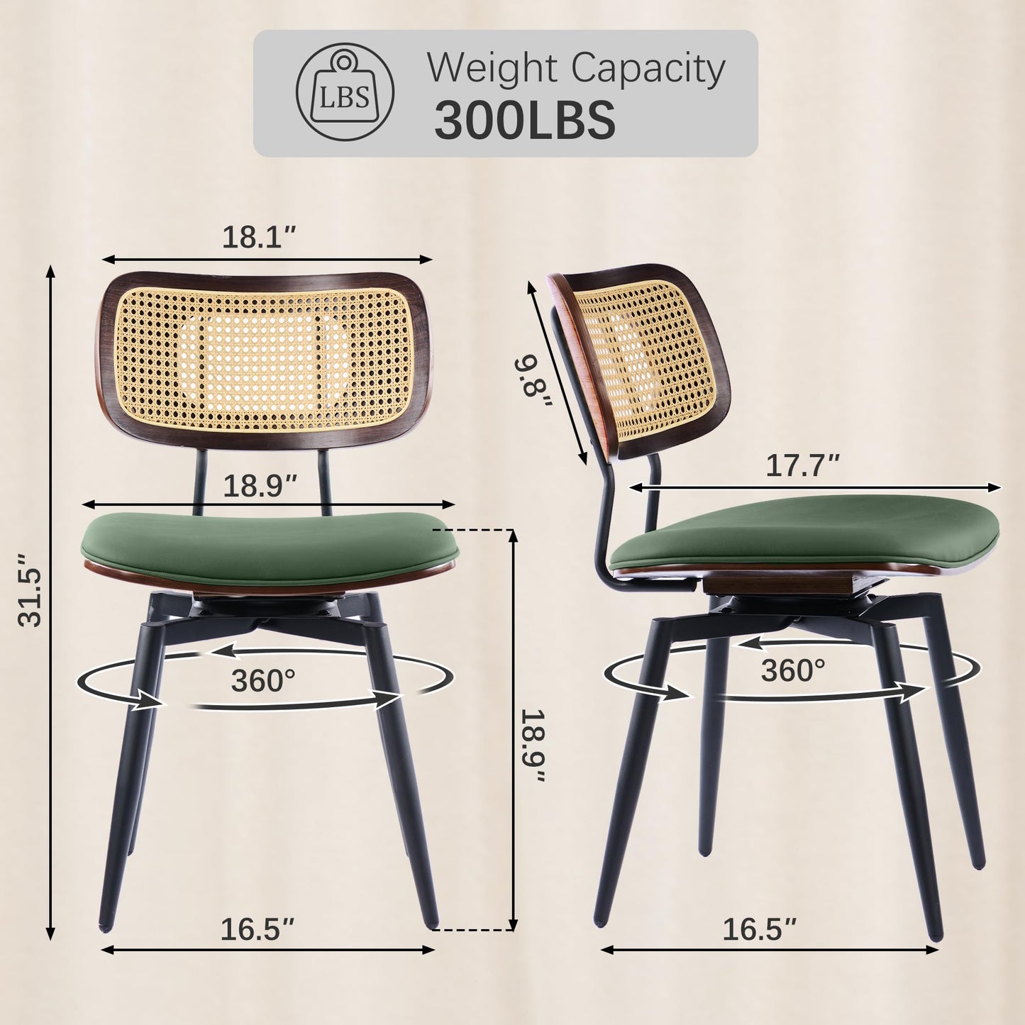 Dining Chairs, Swivel Dining Chairs Set of 2, Faux Leather & Rattan Walnut Dining Room Chairs, Bentwood & Metal Frame Upholstered Chairs with 360°Rotation, Modern Kitchen/Living Room Chairs (Green)