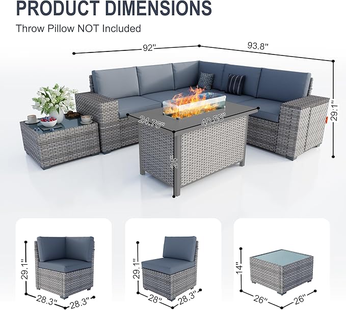 PCSXDSW 13-Piece Outdoor Patio Furniture Set, Rattan Wicker Conversation Set with Wide Armrests, Outdoor Modular Sectional Couch Seating Group Sofa with Fire Pit for Deck Garden Porch (Gray Cushions)