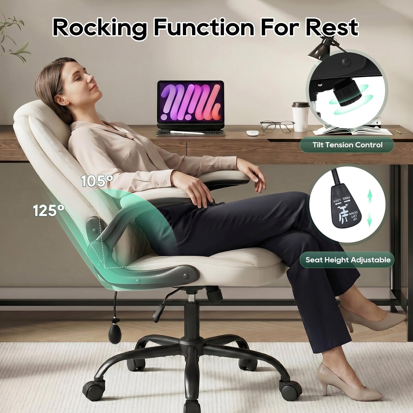 MALOL Leather Office Chair, Computer Desk Chair with Adjustable Lumbar Support, Thick Cushion, Flip-Up Arms and Ergonomic Back, Comfy Executive Office Chair for Home Office Gaming,Beige
