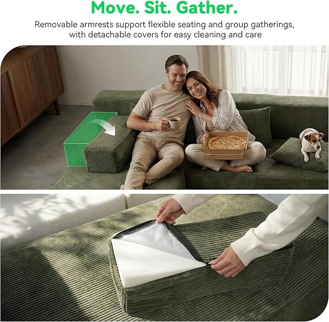 MONVANE 141'' Modular Sectional Sofa, PRO Version U-Shape Boneless Couch, Oversized Deep Seating Cloud Couch, No Assembly, High-Resilience Foam, Soft Corduroy Fabric, for Living Room Apartments Green | Convertible
