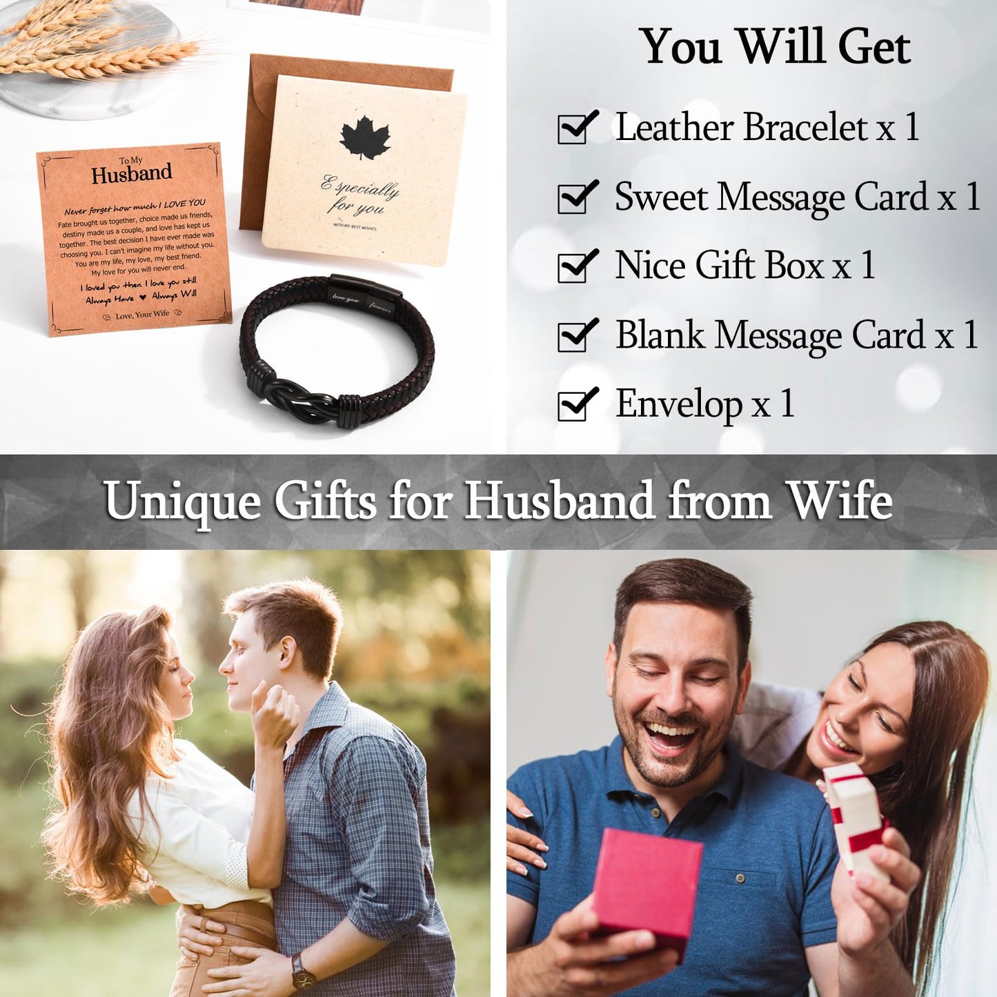 WIKHIA Gifts for Husband from Wife, Cool Infinity Leather Bracelet for Him Husband Birthday Christmas Anniversary Valentine's Day Present Ideas for Men