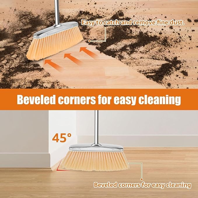 Floor Cleaning Set – Stainless Steel Broom and Long Handle Dustpan, Upright Sweeping Tool, Durable Cleaning Kit | Home, Apartment, Living Room, Bedroom, Office, Garage, Bathroom, Patio, Restaurant