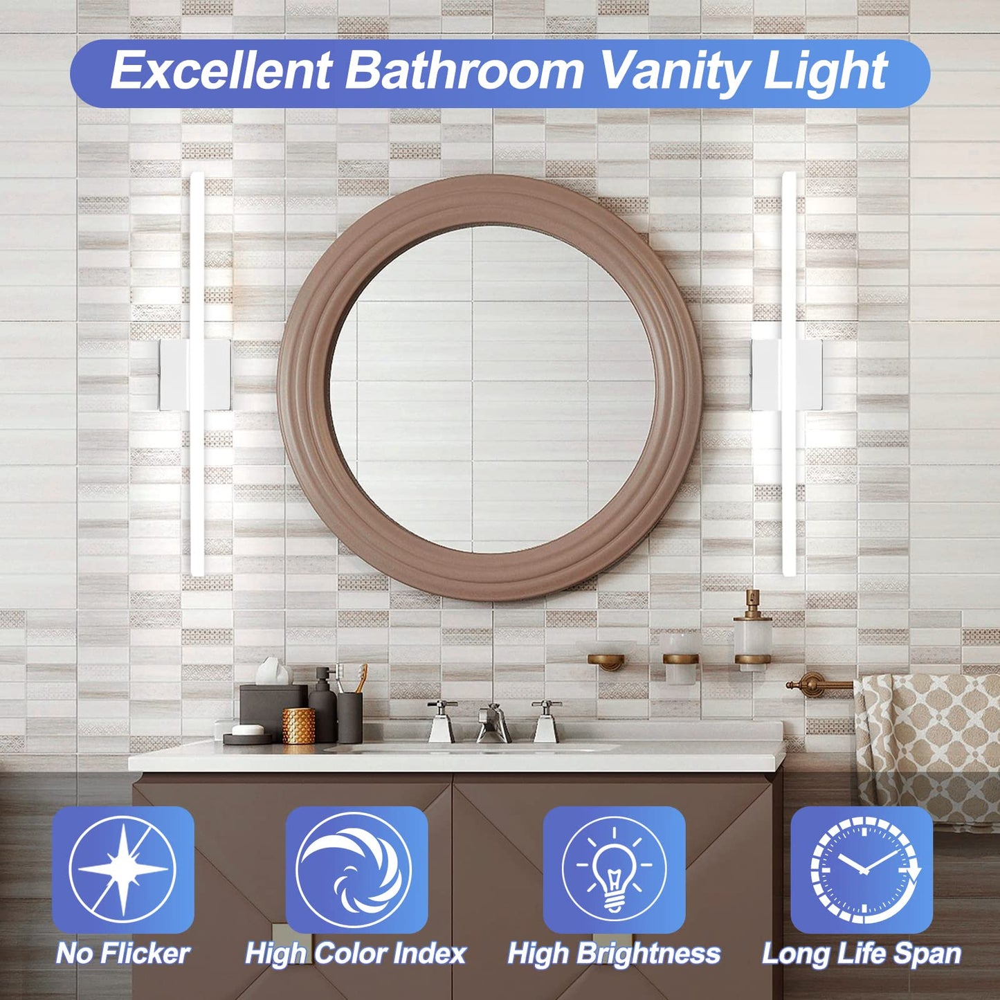 Combuh LED Vanity Lights Bar 24 Inch Bathroom Light Fixtures 14W IP44 Over Mirror Lighting Indoor Wall Sconces Modern Cool White 6000K for Washroom