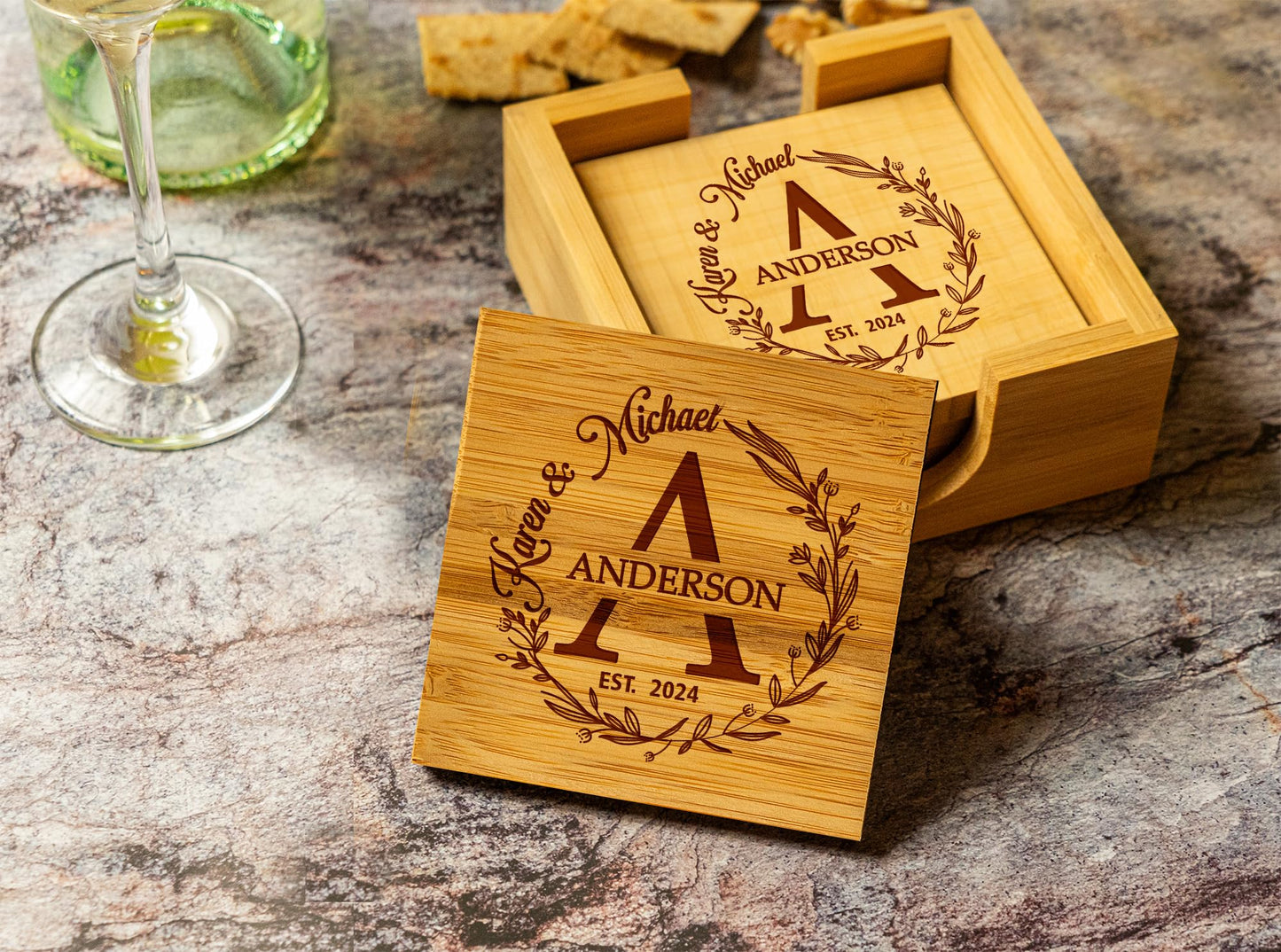 Silveroy Custom Coaster Set of 6 with Holder - Personalized Bamboo Bar Coasters for Anniversary, Wedding, Ideas to Couples, Newlyweds