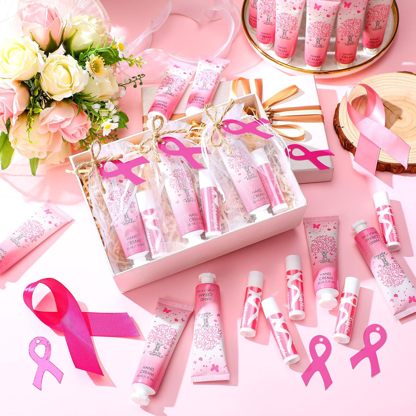 Dansib 24 Sets Breast Cancer Awareness Favors Breast Cancer Hand Cream and Lip Balm Gift for Women Pins Pink Ribbon Travel Size