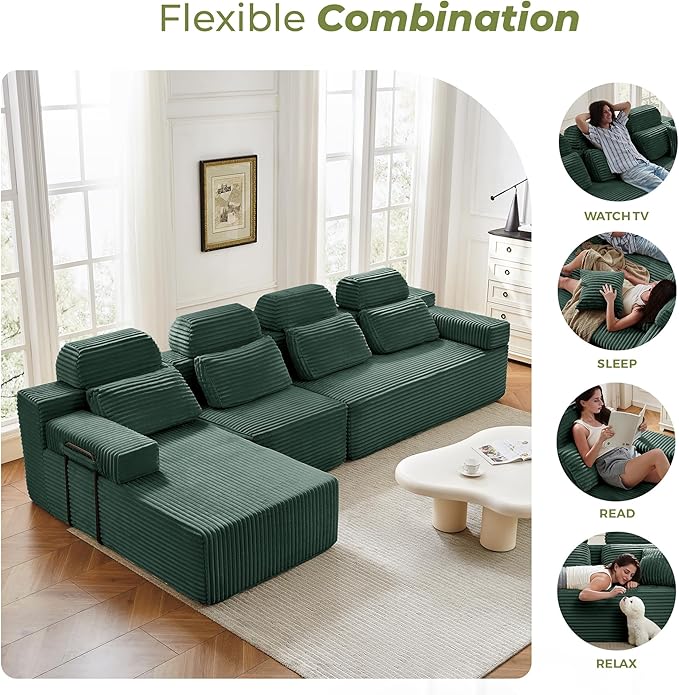 136" L-Shaped Cloud Modular Sectional Sofa with Chaise & Headrest, Boneless Deep Seat Plush Corduroy Couches for Large Living Room, No Assembly Required (Green, 136" L-shapred Chaise)
