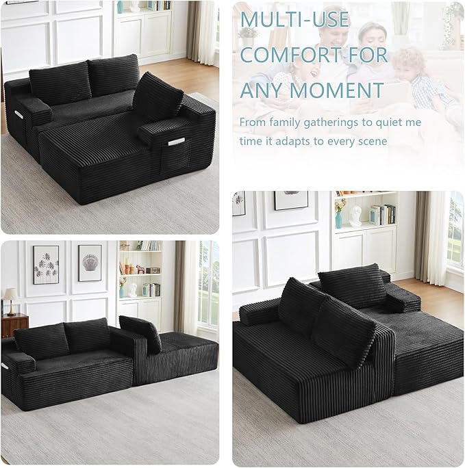 96" Cloud Sectional Couch with L-Shape Chaise, Modern Corduroy Boneless Couch for Living Room,Memory Foam Sofa with Deep Seat,No Assembly Required (Black,Right-Facing Chaise)