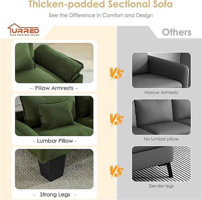 URRED Cloud Couch Modular Sectional Sofa, 157" Modern U Shaped Deep Seat Sofa with 2 Ottomans & Pillows, Ultra Comfy Corduroy Couches for Living Room, Bedroom or Apartment, Green