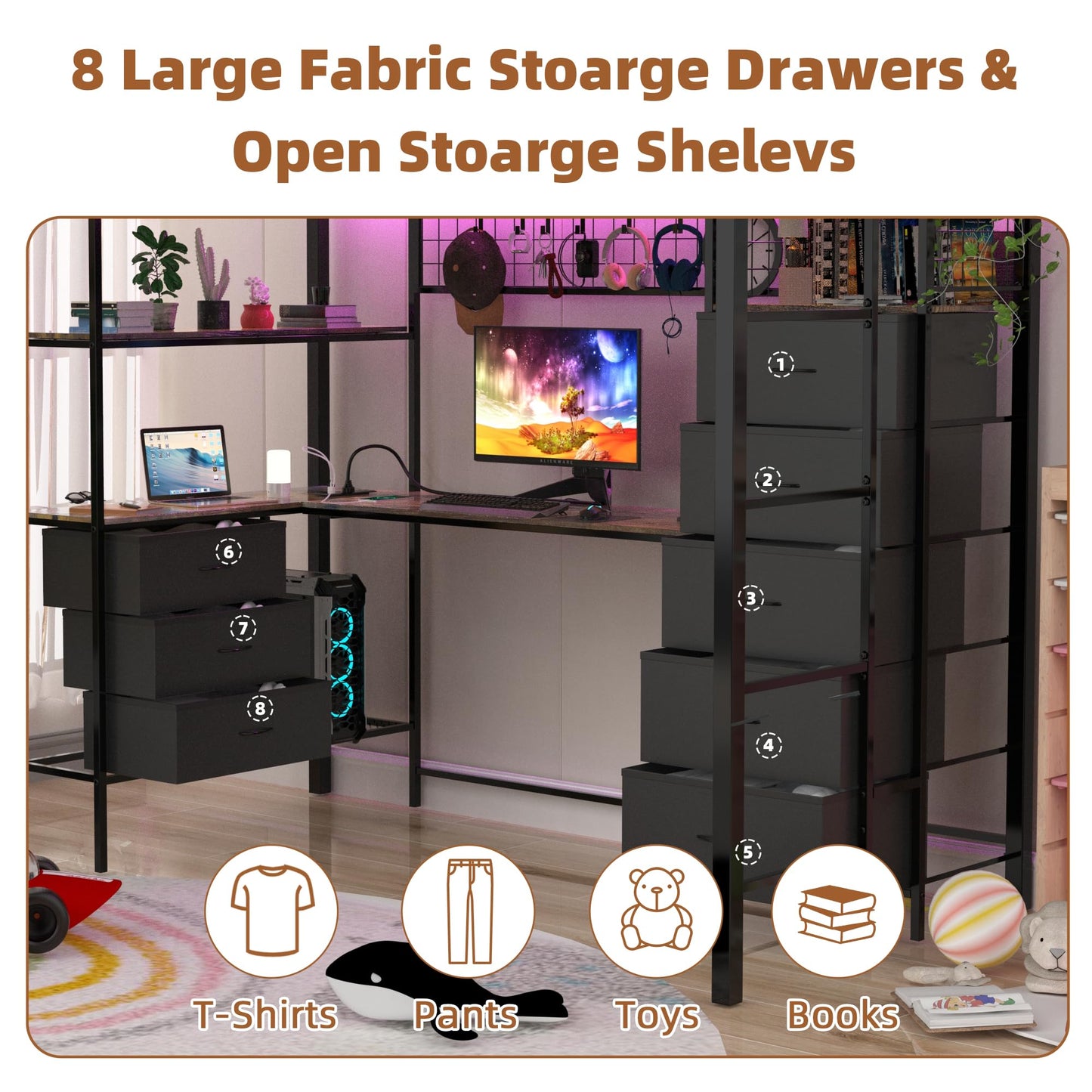 SAHISTCT Twin Size Loft Bed with Desk, LED Lights, Charging Station, Industrial Loft Bed Frame with 3 Storage Shelves and 8 Fabric Drawers, Safety Guard & Ladder,LED Metal Twin Size Bunk Bed